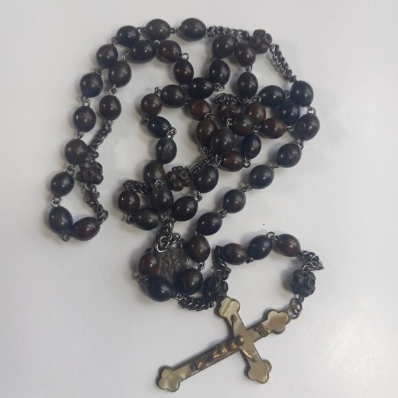 Vintage Rosary St Mary Steel Bakelite Brass Hardwood Large & Substantial - Picture 7 of 15